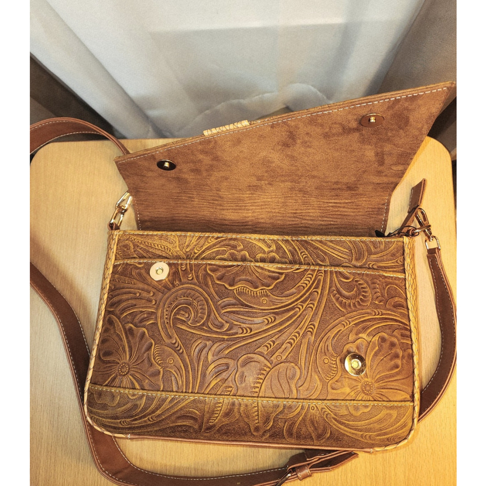 2 Straps Hazelnut Brown Embossed Tooled Artisan LEATHER Crossbody Purse Bolsa - Picture 12 of 16